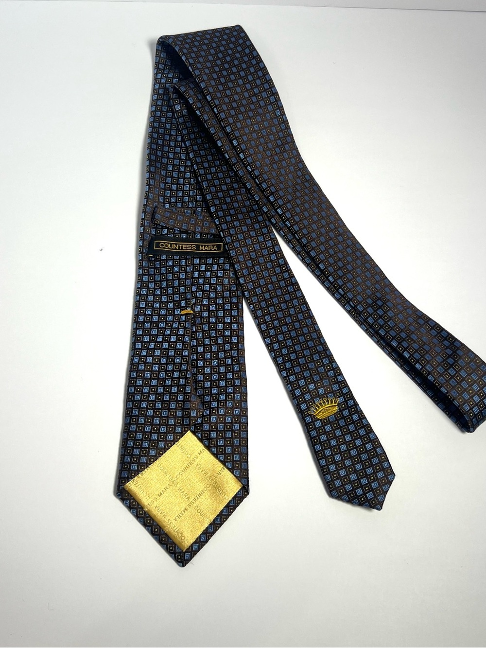 Countess Mara Men’s 100% Silk Tie Geometric Woven Accent Blue Brown Gold